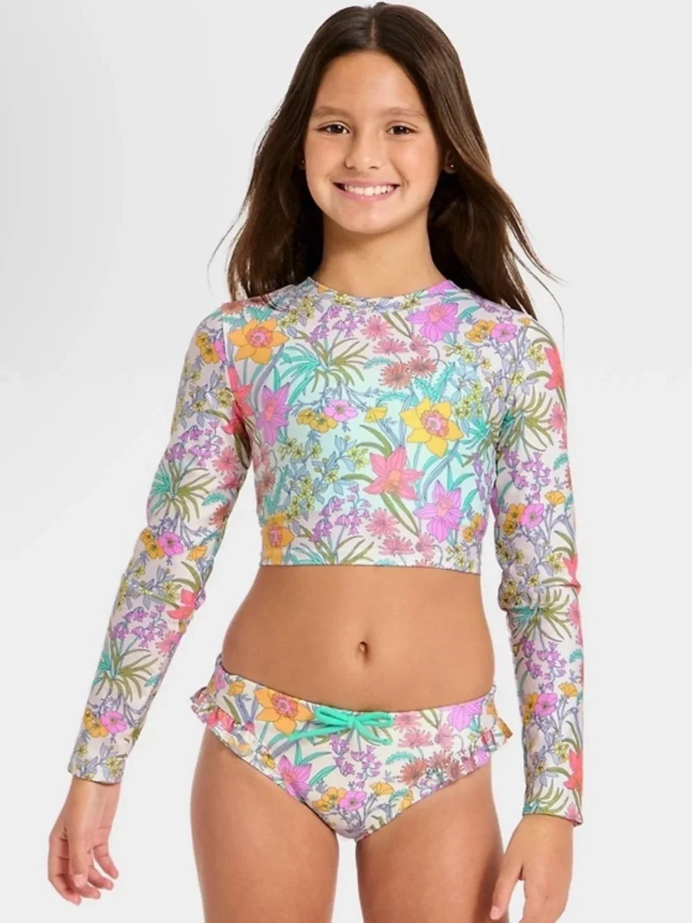 Girls Floral Long-Sleeve Rash Guard Set - Pastel Multicolor
